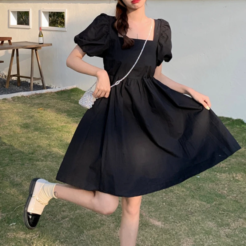 Puff Sleeve Dress Women High Waist A-line Korean Style Square Collar Ins Fashion Sweet Vestidos New Arrival Simple Casual Summer