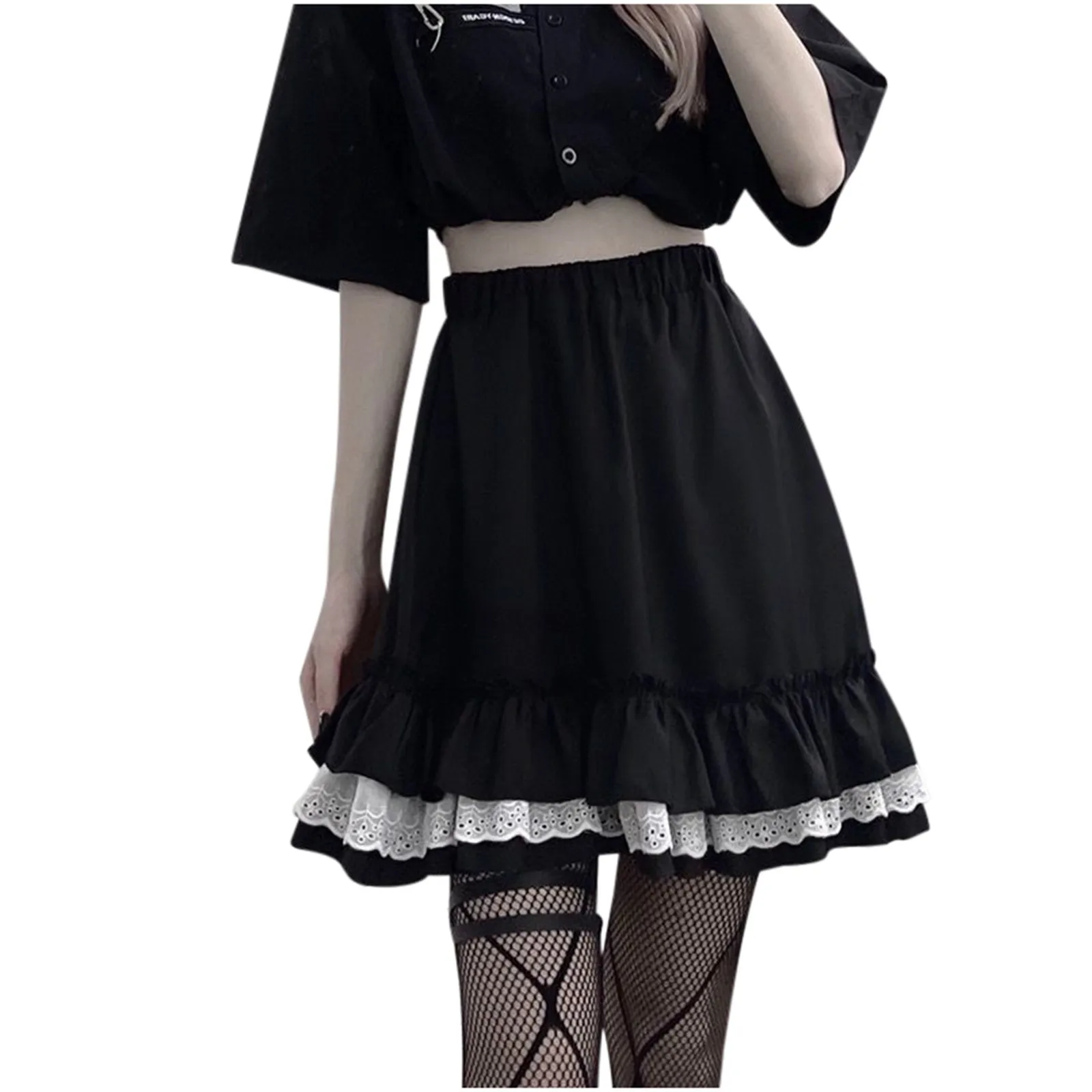 Mini jupe gothique en dentelle à volants pour femmes, jupes grunge dégradées, jupe plissée douce noire, streetwear japonais Harajuku Lolita