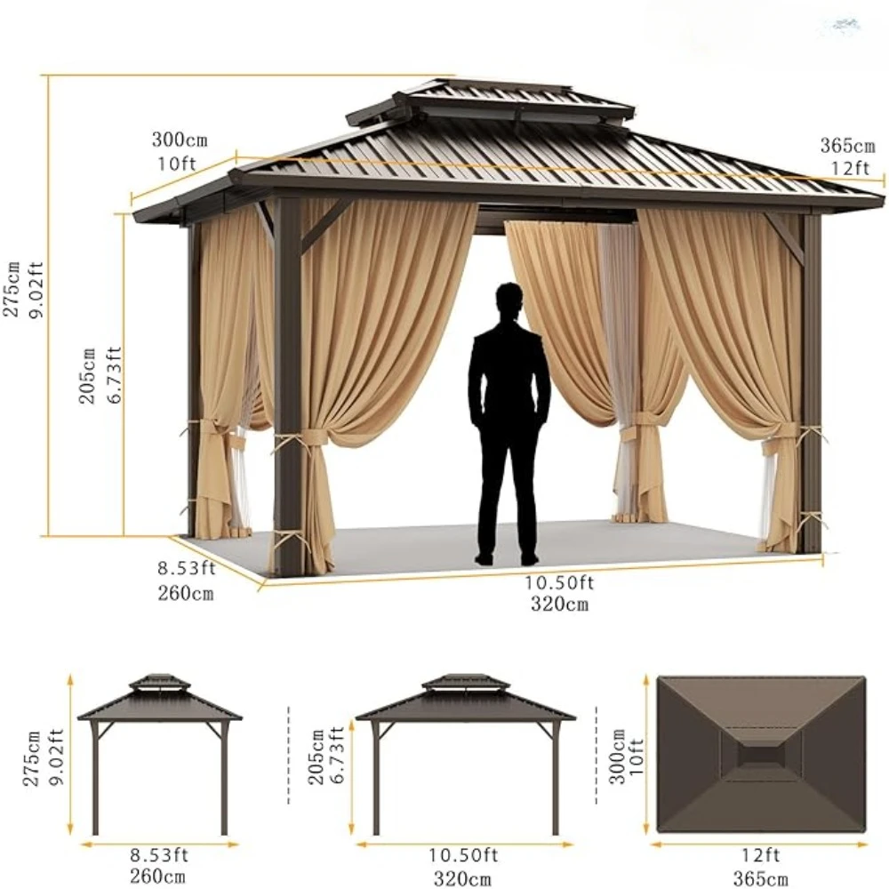 10'x12' Hardtop Gazebo, Outdoor Polycarbonate Roof Canopy, Aluminum Frame Permanent Pavilion with Curtains and Netting, Sunshade