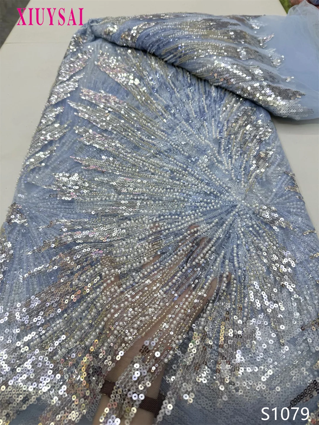 

Африканская кружевная ткань, 2025 г., высокое качество, нигерийское кружево, расшитое бисером и блестками, французская сетчатая ткань, 5 ярдов для шитья вечерних свадебных платьев