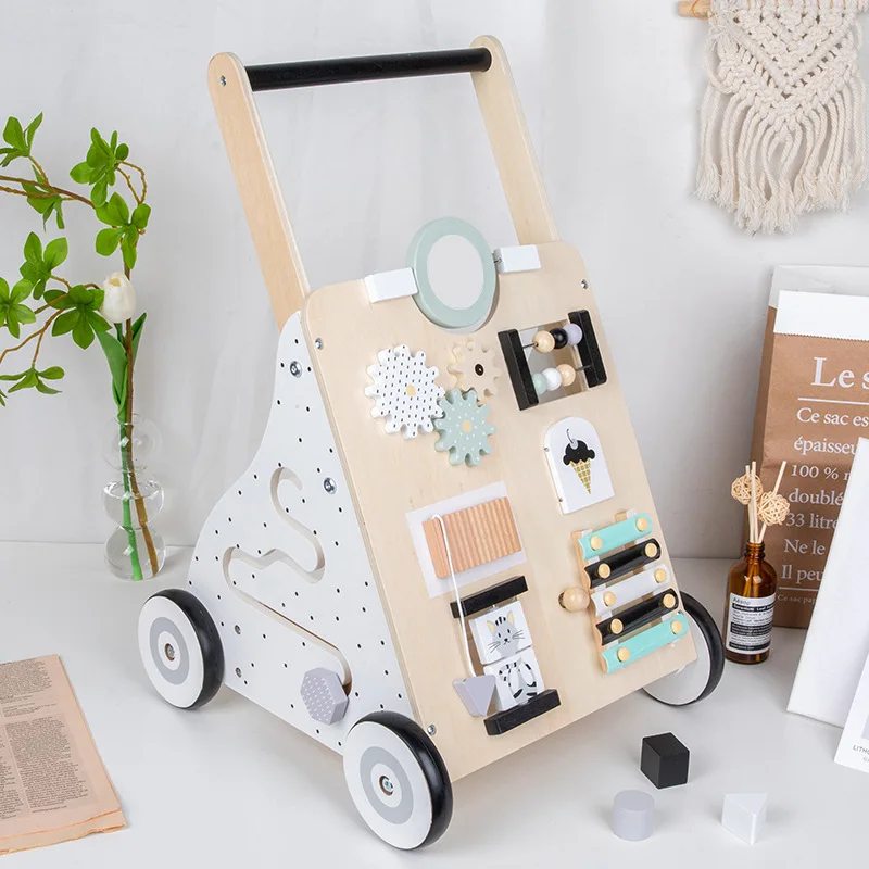 Wooden multi-functional baby walker trolley, busy board, infant and child early education educational wooden toys