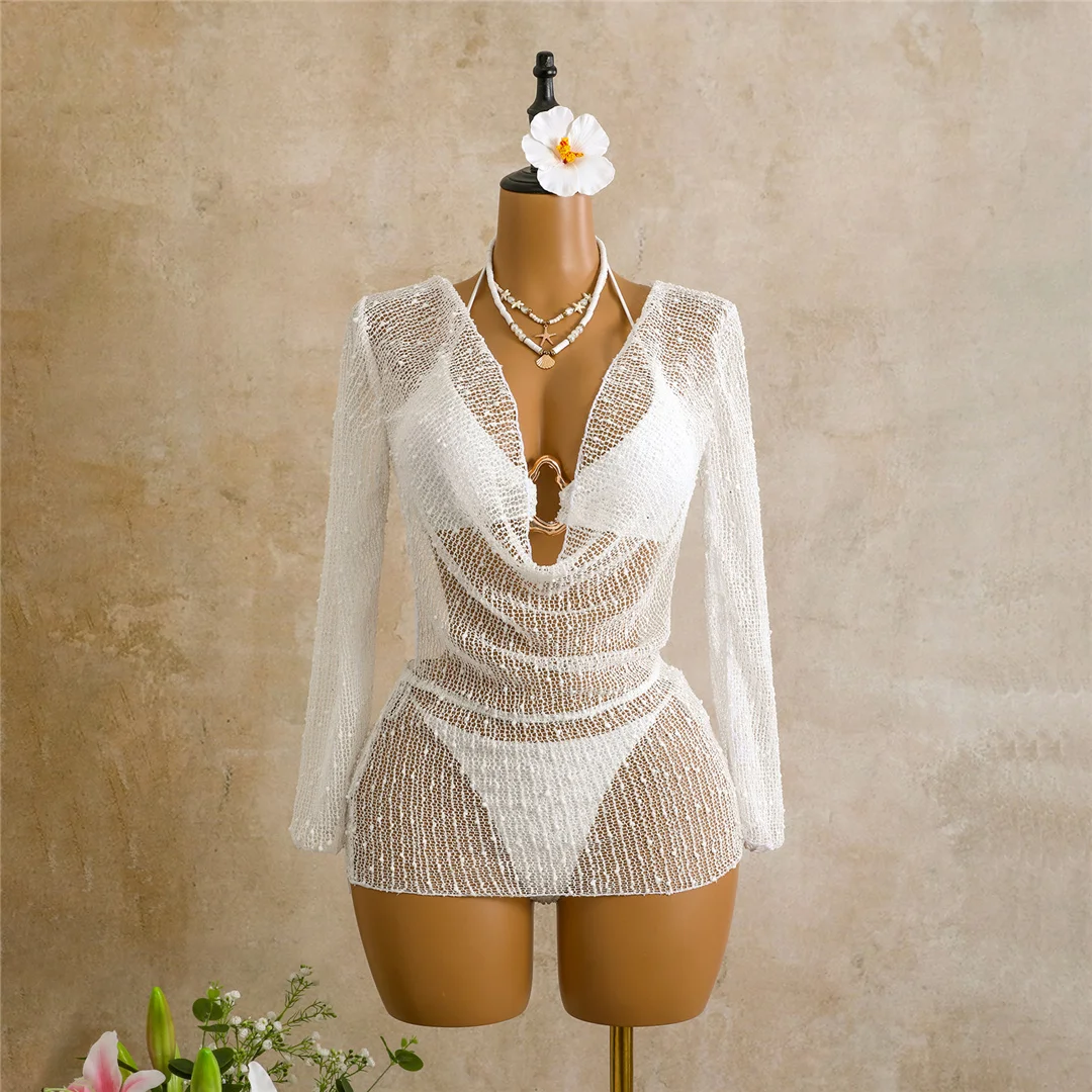 Sexy Neckholder-Bikini, Damen-Badeanzug, dreiteiliges Bikini-Set mit langärmeligem Kleid, Badeanzug, Badebekleidung, Schwimmanzug V7925C – Detail 19
