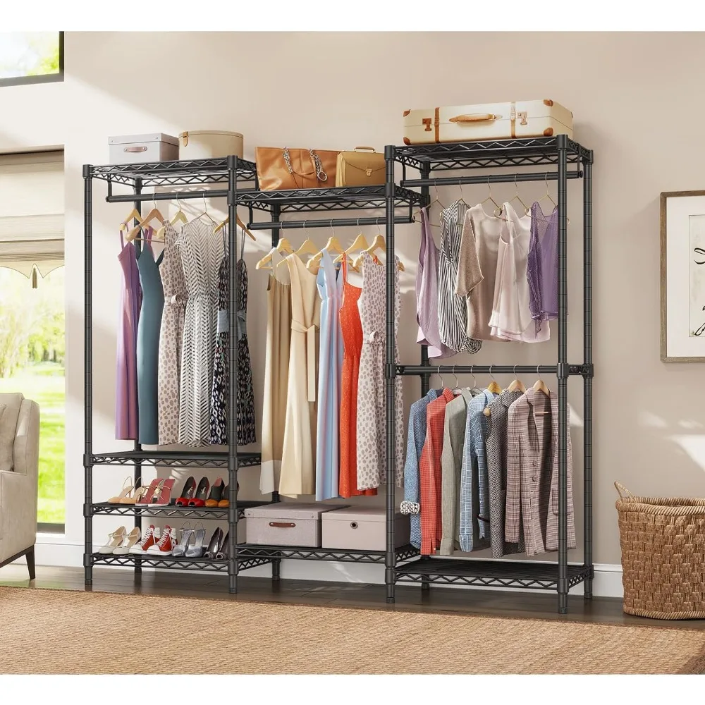 V5 Portable Closet Wardrobe Heavy Duty Clothes Rack, Freestanding Clothing Rack with 4 Hang Rods & 8 Shelves, Adjustable