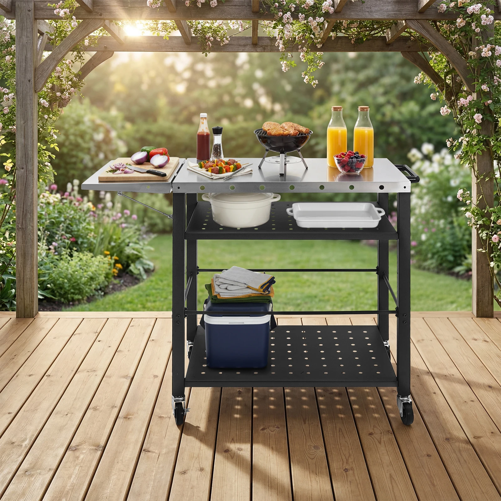 Carrito de Barbacoa de 4 Niveles de Acero Inoxidable, Carrito de Preparación Plegable con Ruedas y Estante Lateral para Acampar al Aire Libre, Patio y Cocina
