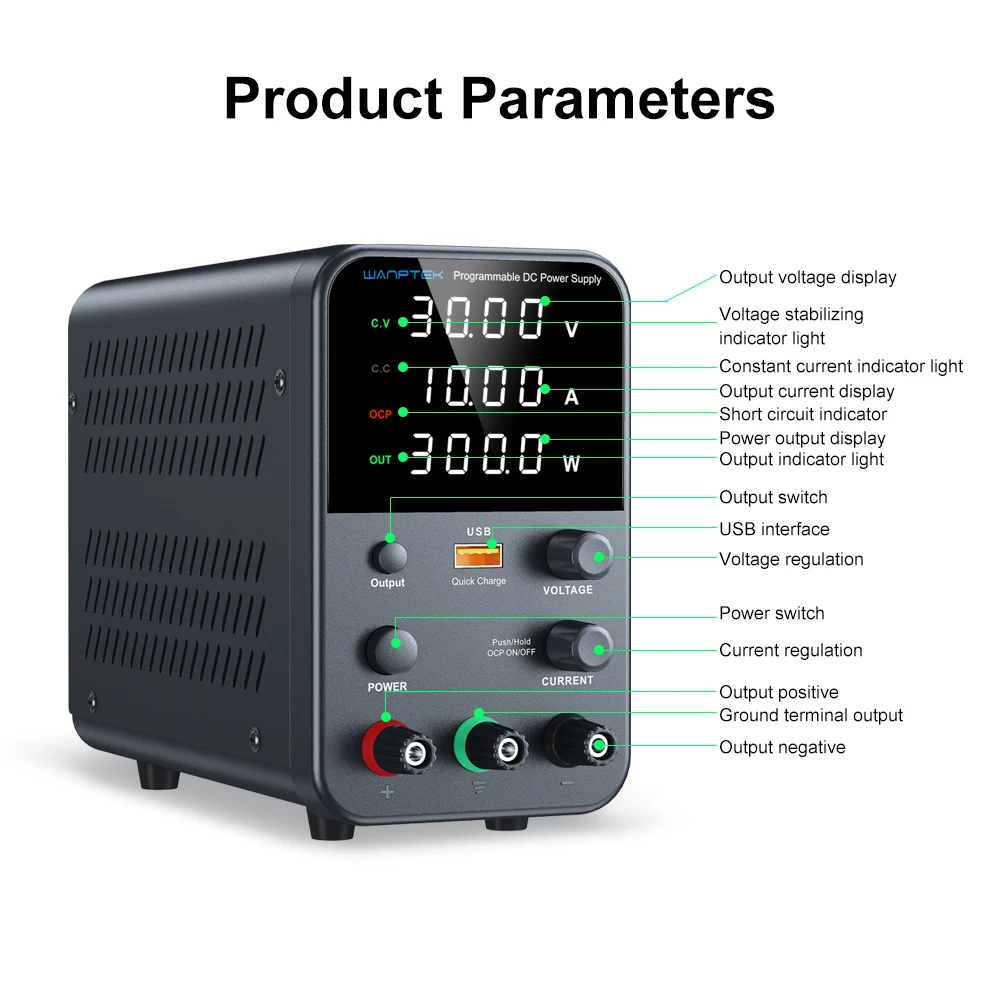 Adjustable DC power supply with 4-digit LED display, 5V/3.6A USB fast charging with encoder adjustment, output enable/disable