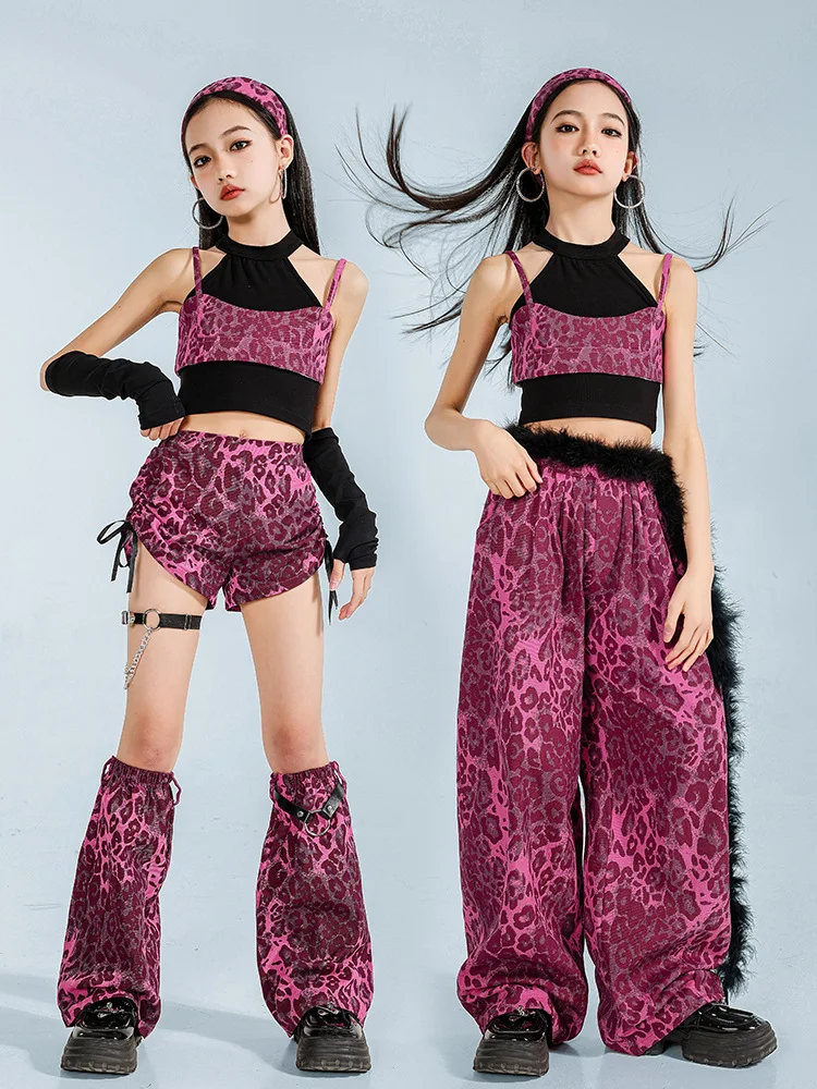 K-pop Girls Leopard Crop Tops Street Dancing Cargo Pants Kid Hip