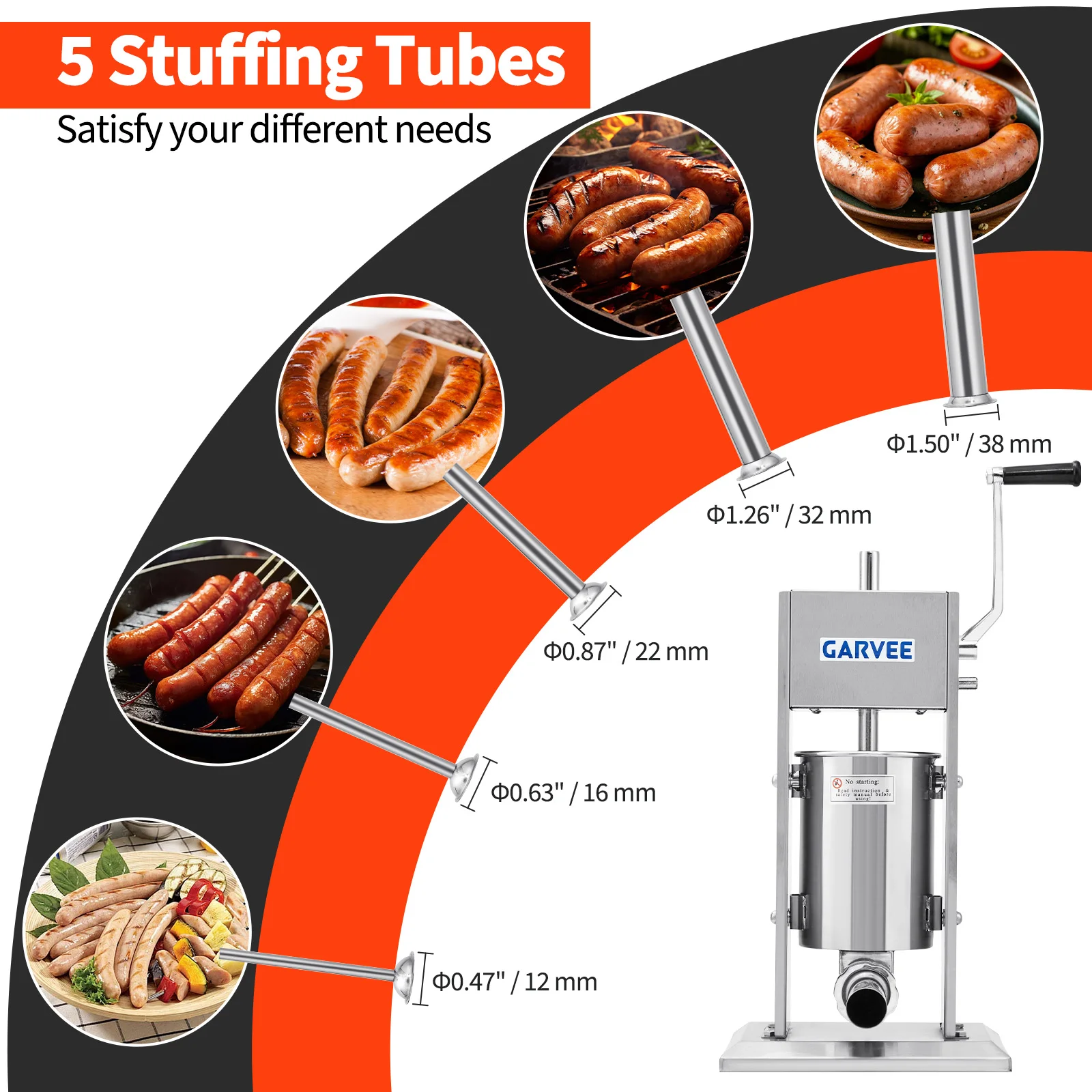 Vertical Sausage Stuffer Machine 3L/7LBS Stainless Steel   2-Speed Manual Meat Filler with 5 Stuffing Tubes  Durable Commercial & Home Food Processing Equipment  Easy Cleaning