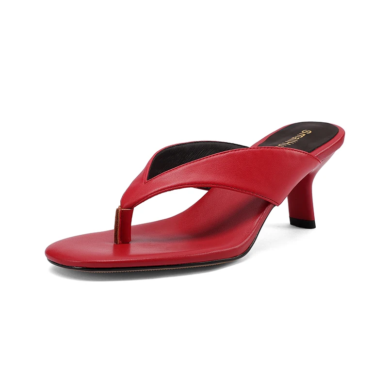 Sandálias Femininas de Couro Legítimo SmallHut Nova Tendência 2026 Verão - Chinelos Sexy com Salto Grosso Branco, Vermelho, Marrom e Preto para Festas