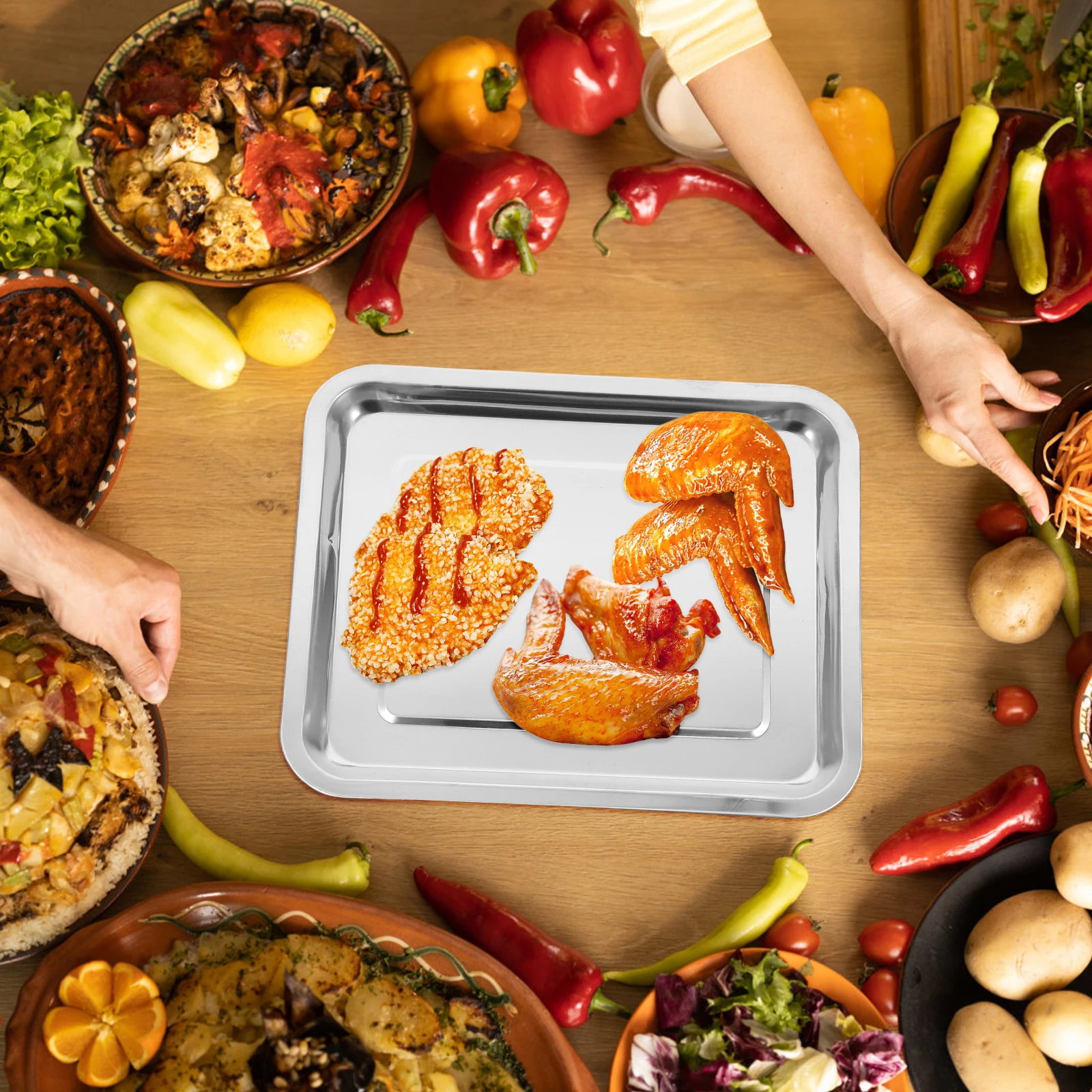 

Stainless Steel Bakeware Grill Pan Rectangular Design for Indoor Outdoor Cooking Steam Plate Food Serving Kitchen Tool