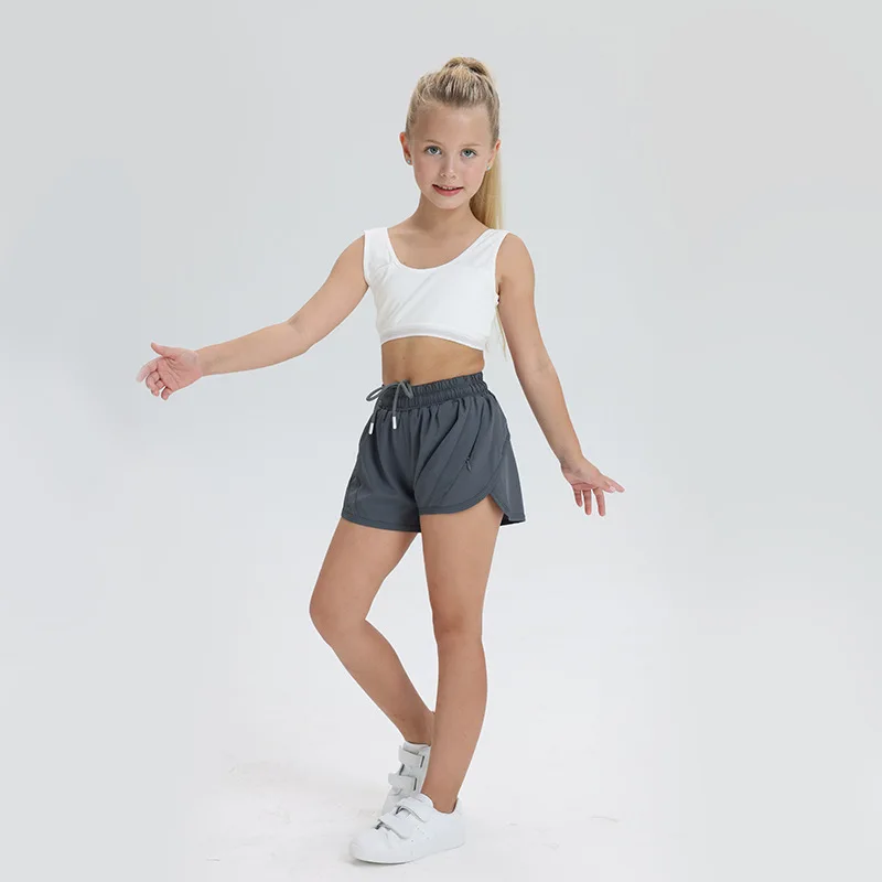 Girls Running Shorts with Pocket Anti-Slip Elastic Sportswear Yoga Shorts Gym Athletic 2 in 1 Active Kids Short Fitness Children