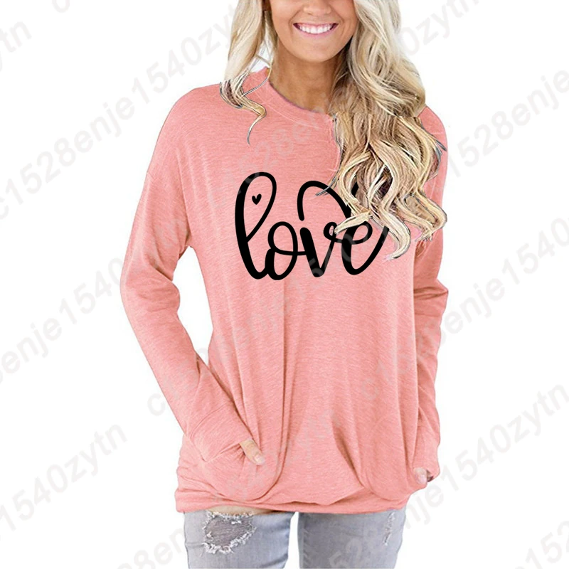 Fashion Pocket Blouse Women Long Sleeve T Shirts Love Graphic Sweatshirt Loose Casual Crew Neck Tunic Tops Solid Color Pullovers