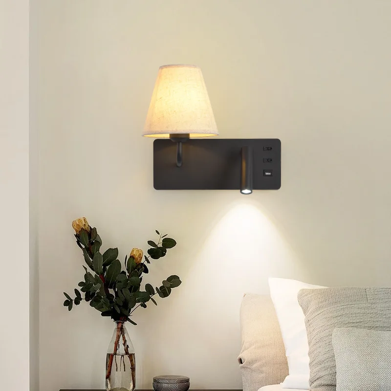 Creative Bedroom Bedside Reading Lamp LED Modern And Simple With USB And Spotlights Study Room And Guest Room Lighting Wall Lamp