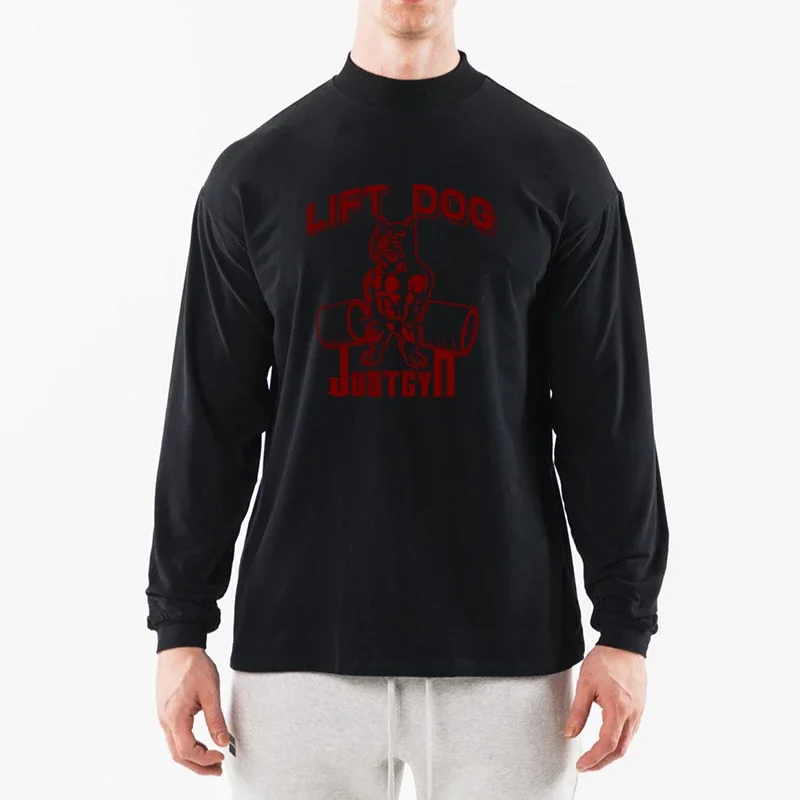 LIFT DOG Cotton Oversized Long Sleeve Casual Shirts Men Autumn Turtleneck Dropped Shoulder Loose Tops Gym Sports Fitness T-Shirt