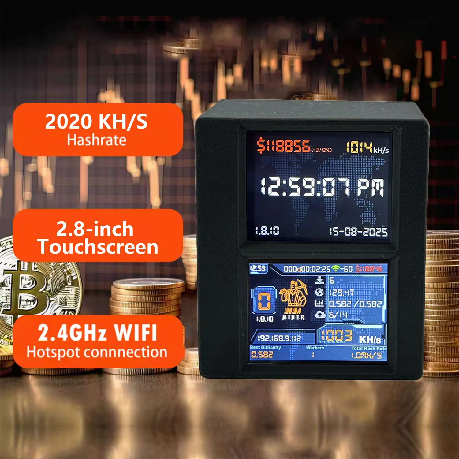 NMMiner Nerdminer V2 BTC Solo Miner شاشة مزدوجة Bitcoin Crypto Miner 2020KH/S مع مروحة BTC Solo Miner للمانصيب
