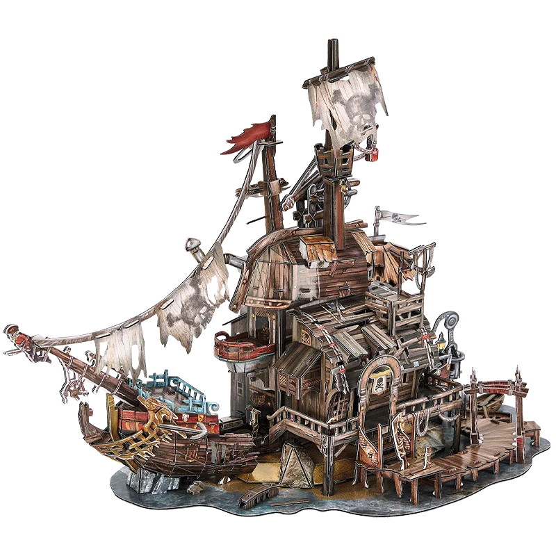 3D Puzzles for Adults Kids Tortuga Pirate Bay Cool Pirate Shipwreck Home Decor Indoor Model Kits Ragged Pirate Ship Crafts for A