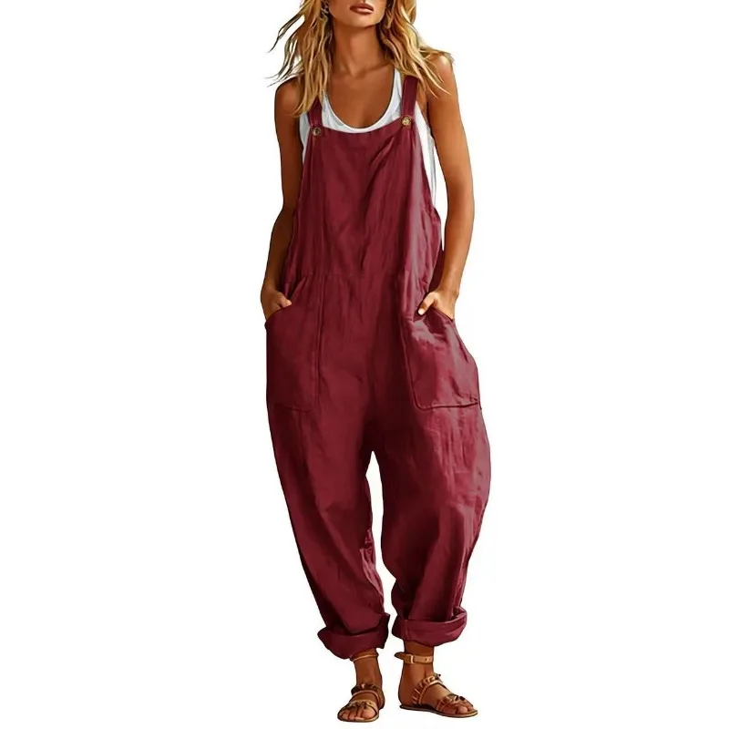 Women Solid Pocket Loose Sleeveless Adjustable Strap Linen Overalls Casual Jumpsuit view 6