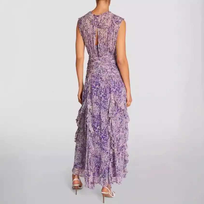 เดรสยาวผ้าชีฟองพิมพ์ลายดอกไม้สไตล์หวานสำหรับผู้หญิง ใส่ได้ทั้งฤดูใบไม้ผลิและฤดูร้อน ทรงเอเข้ารูปช่วงเอว เหมาะสำหรับงานกลางคืนหรือใส่ไปทำงาน