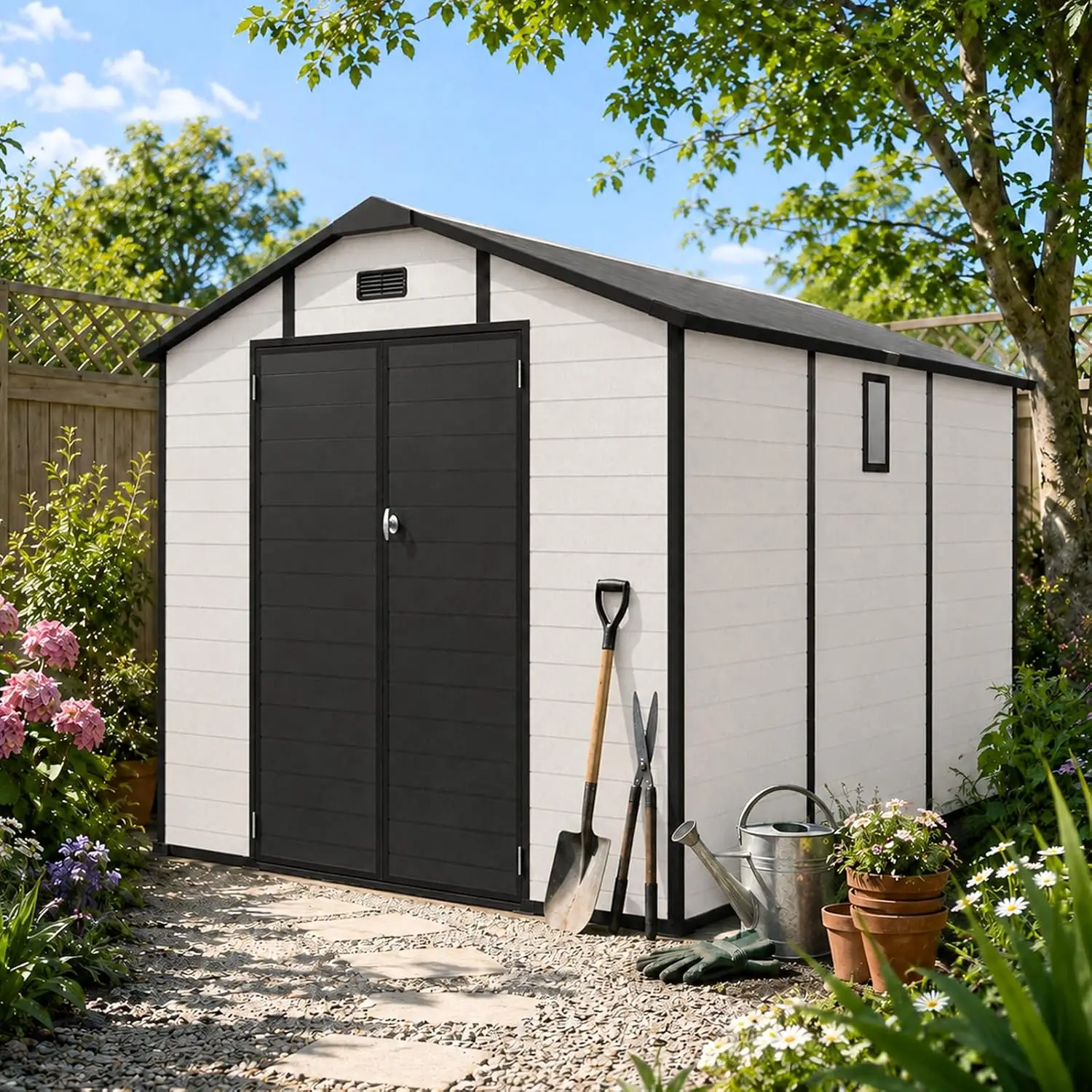 7.2x9.7FT Plastic Storage Shed with Floor & Window,Lockable Resin Tool Shed, Customized