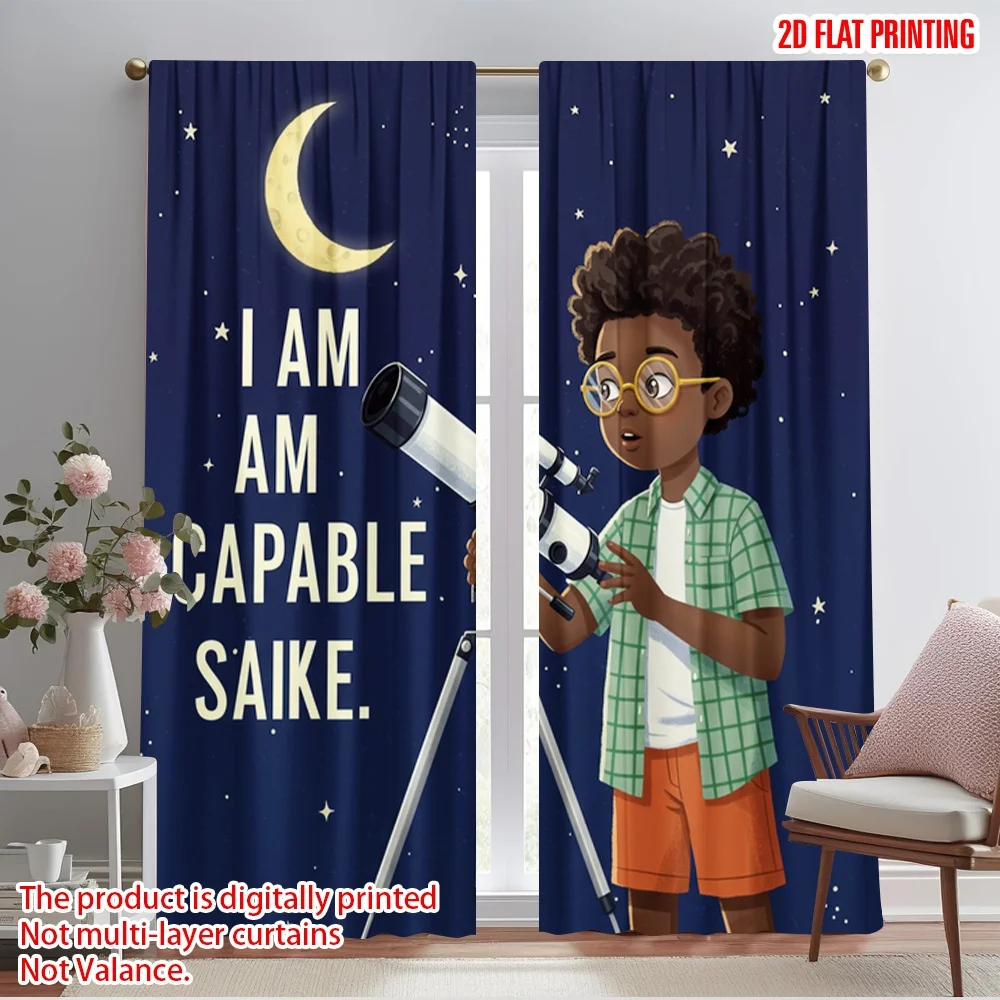 

2pcs 2D flat printing Window Drapes Capable Young Stargazer Telescope Polyester Fabric Without Electricity Festive Holiday for