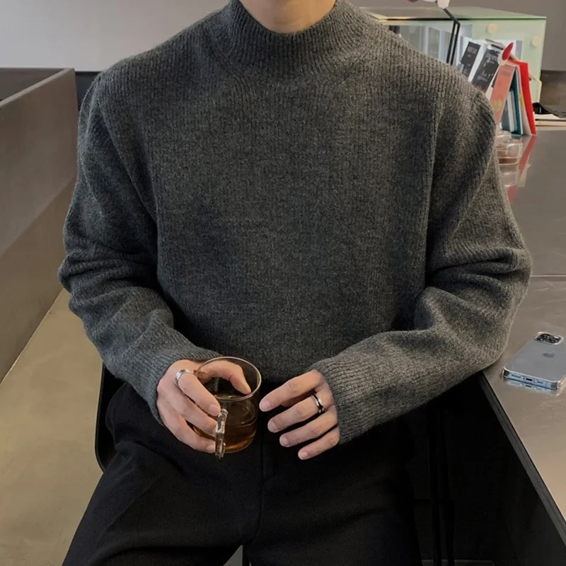Spring Autumn Korean Style New Men Solid Color Long Sleeve Half High Collar Casual Trendy Simple Daily Knitted Undershirts Male