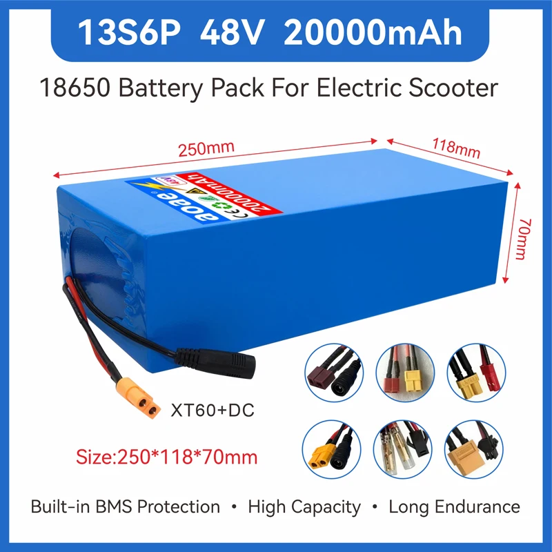 48V Electric Scooter Battery 13S6P 20Ah 18650 Grade-A Cells 2000W Built-in BMS XT60 JST High Capacity Long Range Safe & Durable