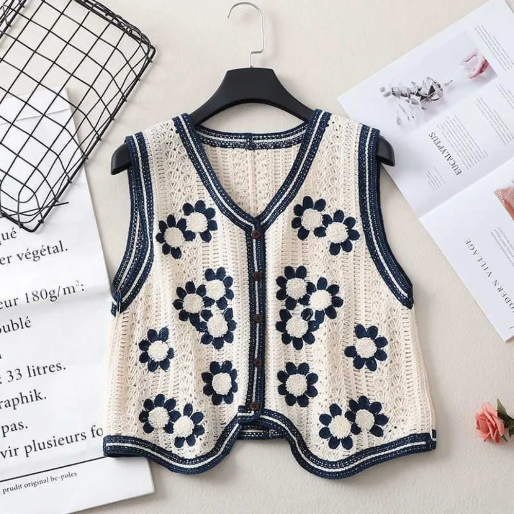 Rompi bunga Crochet bordir tanpa lengan rompi Sweater rajutan Hollow Out kerah V kardigan rompi jumper Single Breasted atasan