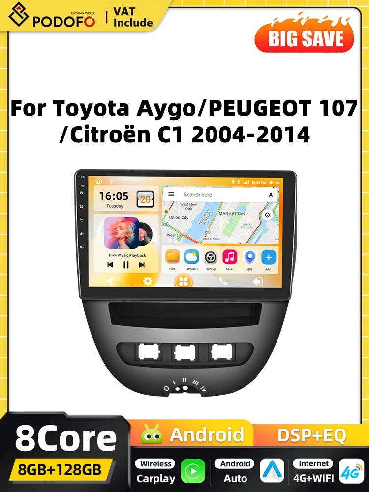 Podofo 8-Core Carplay 2DIN Android autoradio voor Toyota Aygo 2004-2014, Peugeot 107, Citroën C1, Snapdragon GPS FM RDS - afbeelding 2