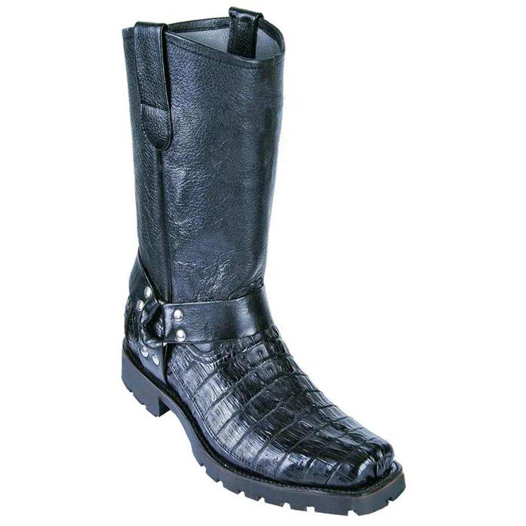 Men's Crocodile Embossed Leather Mid Calf Biker Boots Metal Rivet Belt Strap Square Toe Pull On Western Motorcycle Footwear