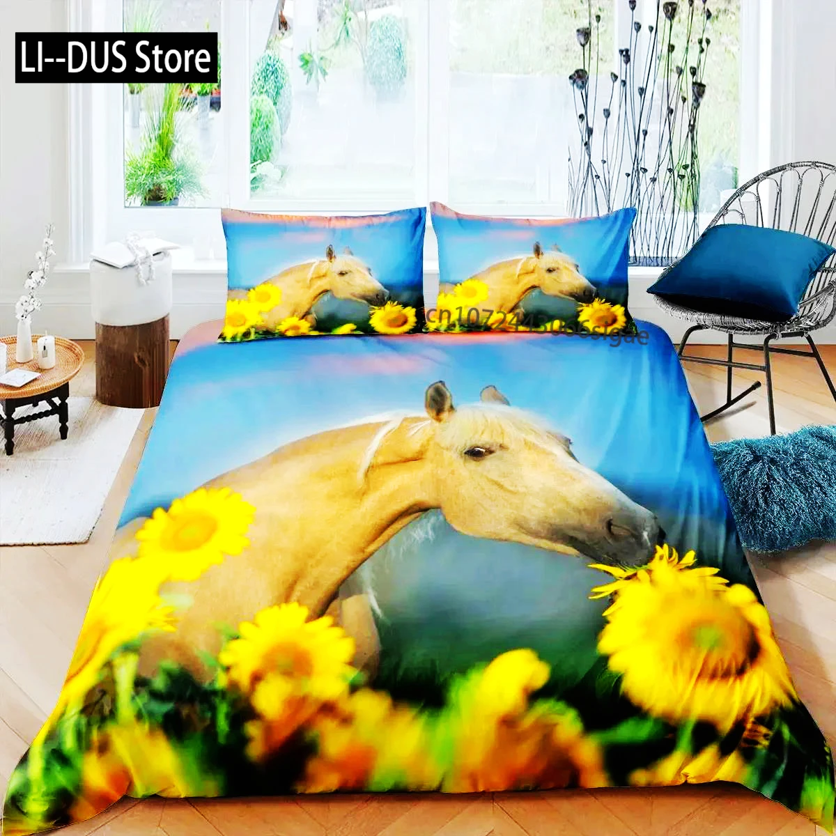 

3D Horse Duvet Cover King Queen Size Yellow Sunflower Bedding Set Floral Animal Theme Quilt Cover Wildlife Soft Comforter Cover