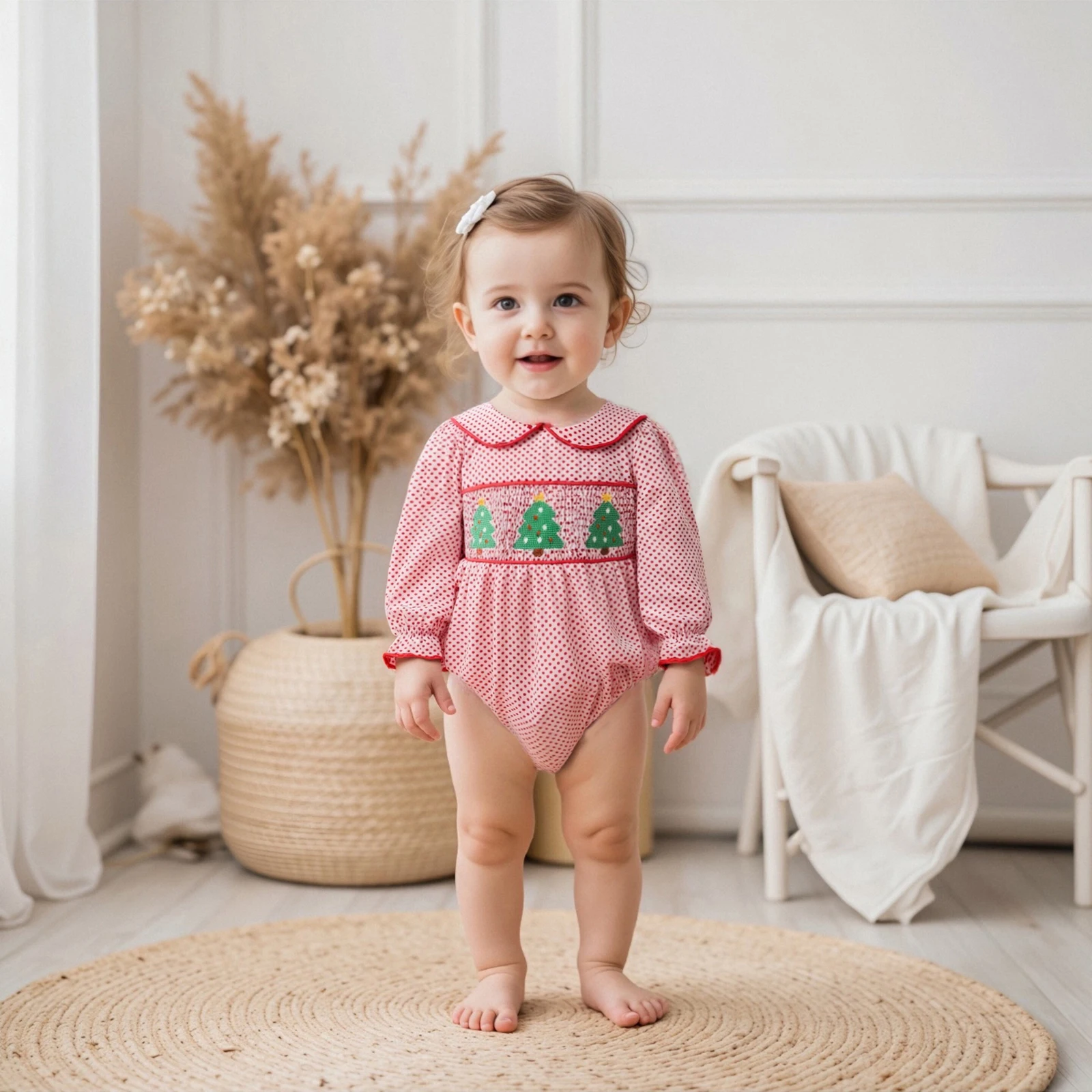 طفل الفتيات عيد الميلاد رومبير نقطة طباعة شجرة التطريز طويلة الأكمام دمية طوق بذلة