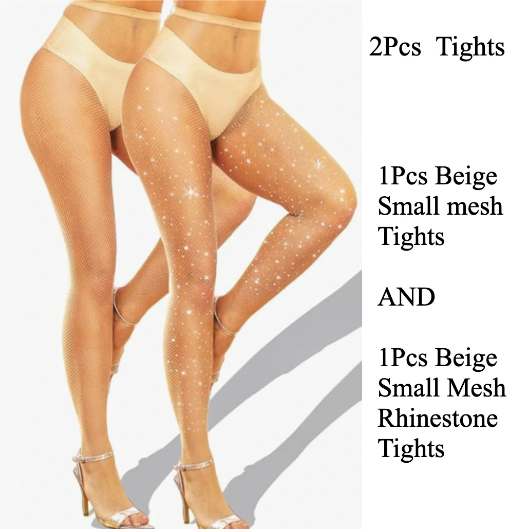 

2Pcs Beige Tights Set Normal and Bling Rhinestone Legging Sparkling Women Socks Plus Size Lingerie Sexy High Waisted Pantyhose