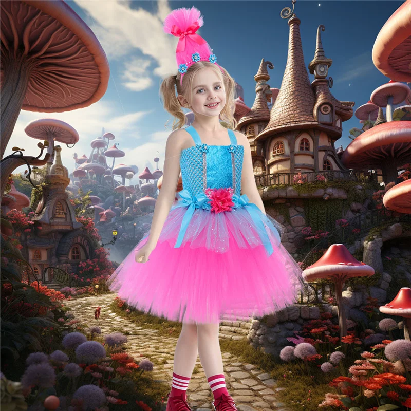 New Trolls Tutu Dresses Girls Princess Cosplay Costumes Kids Magic Elves Party Carnival Halloween Dress Children Fairy Flower