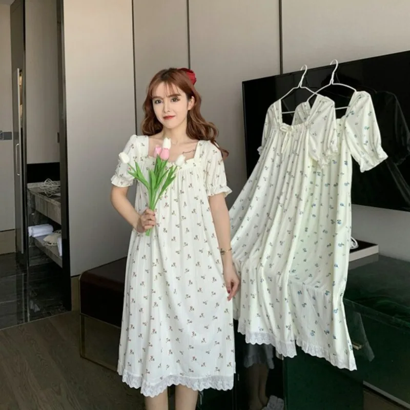New Summer Women Nightgown Ladies Short-sleeve Lace Trim Girls Loose Homewear Student Dress Worn Outside Woman Casual Home Dress