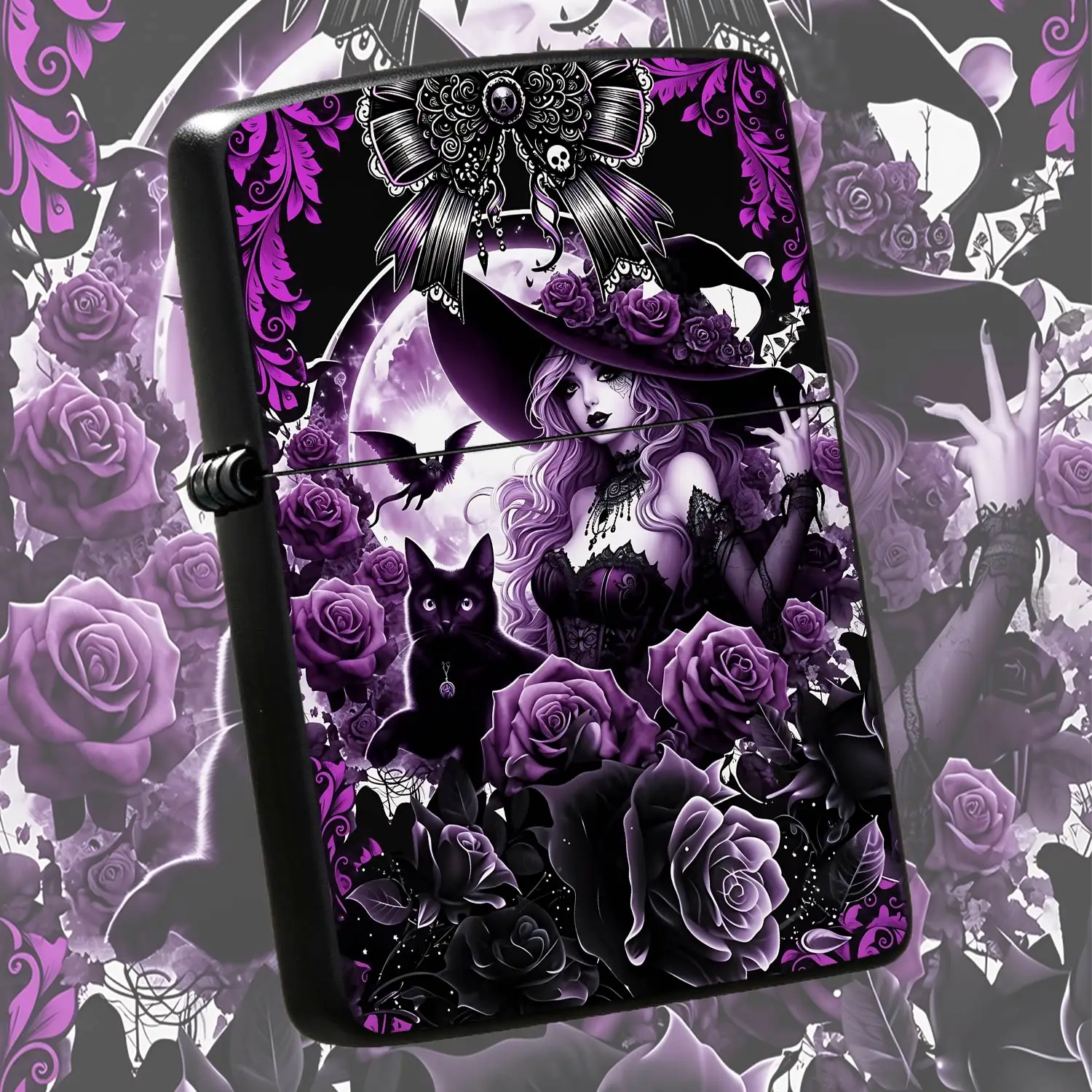 Gothic Witch Purple Rose Themed Pocket Lighter, Exquisite Dark Romantic Pattern Full MoonBat Design, Portable Stylish Accessory for Daily Use Party Gathering Dating, Unique Aesthetic Gift for Fantasy Art Lovers A Humorous And Interesting Li