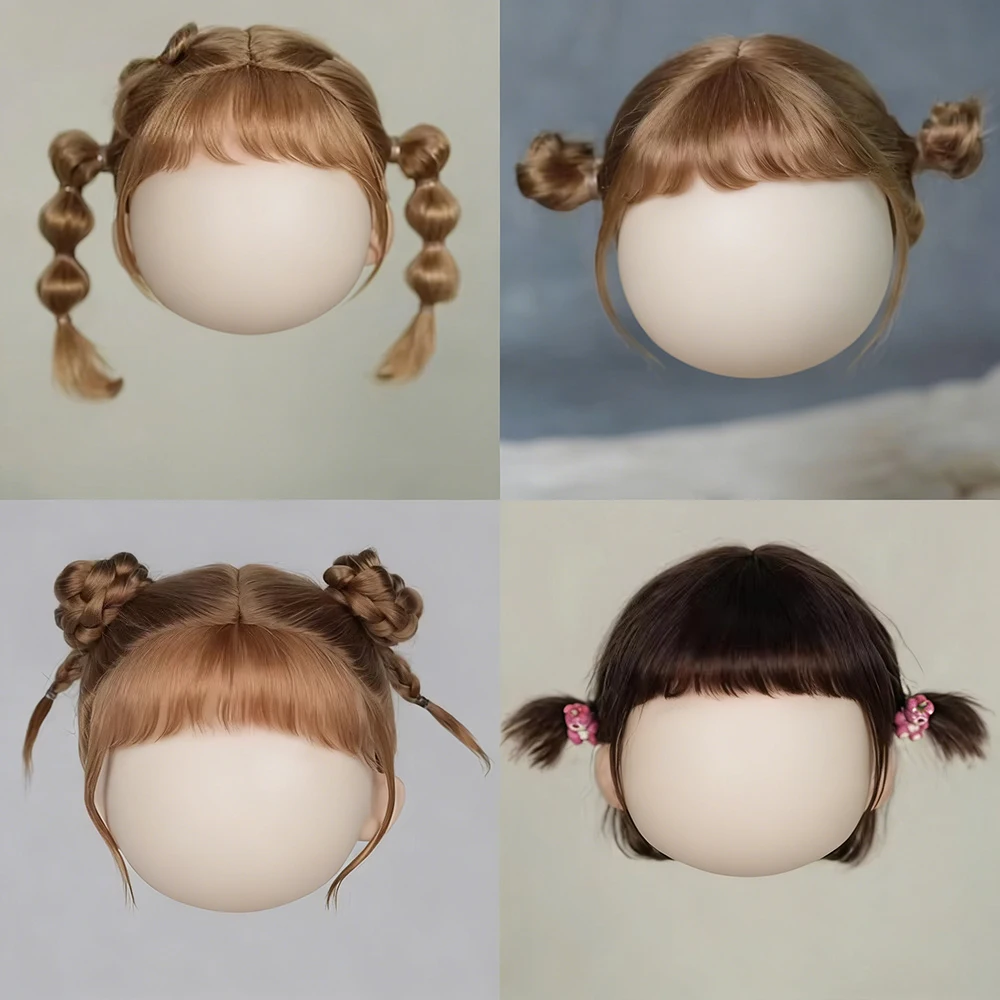 BJD Wig Student leader Cute short hair Big Head Dot Soft Mohair Bangs Braid Wig half ponytail Long Wavy Hair Fit 9-10Inches Head