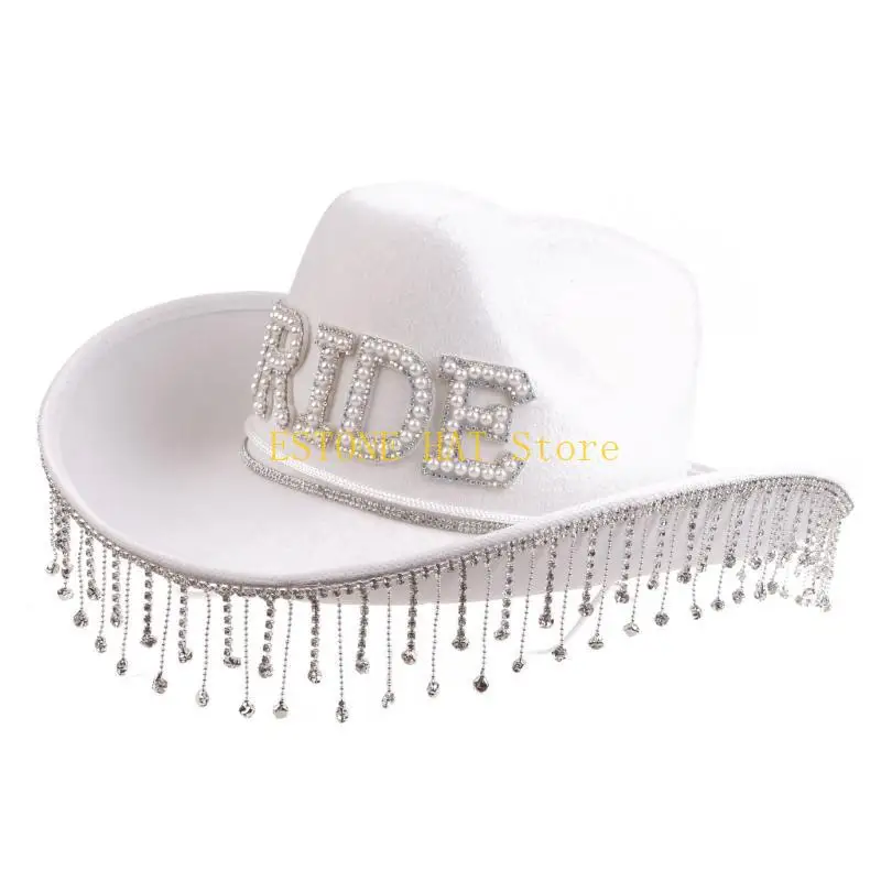 49MF BRIDE Letter Cowgirl Hat Shinning Fringe Hat for Wedding Party