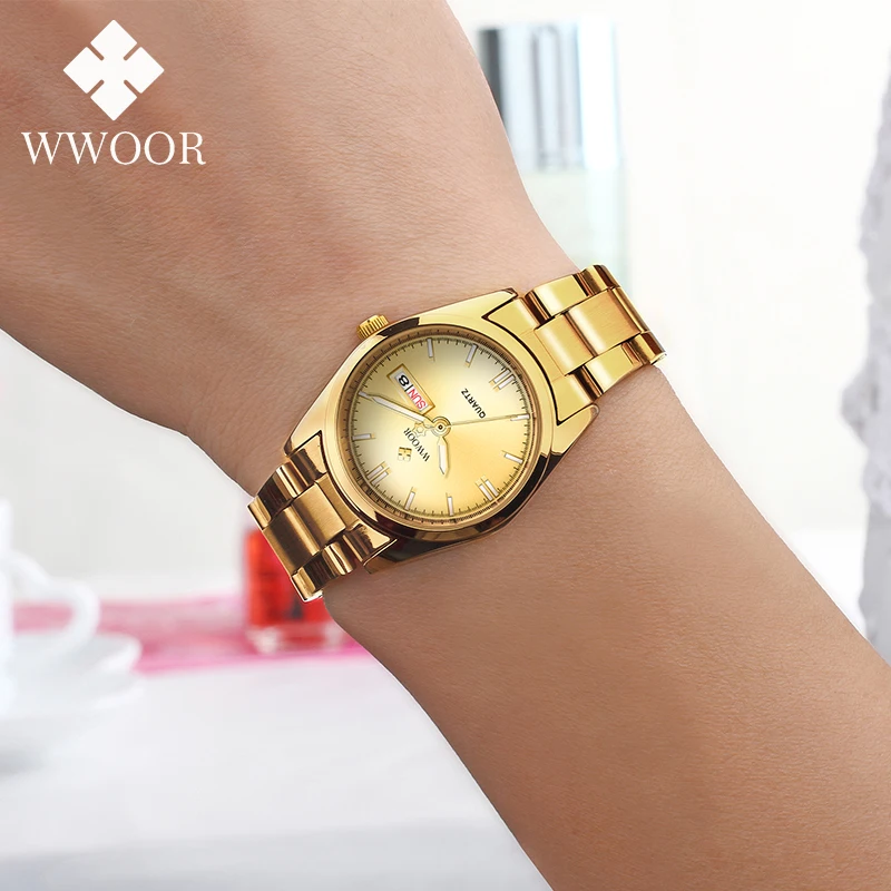 WWOOR 2023 Women Gold New Top Luxury Brand Causal Fashion Watch Stainless Steel Quartz Waterproof Wristwatches Relogio Masculino