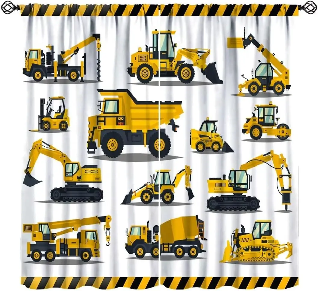 Construction Truck Curtains,Cartoon Excavator Kids Curtain Machinery Truck Cranes Tractors Print Window Treatments for Kids Boys