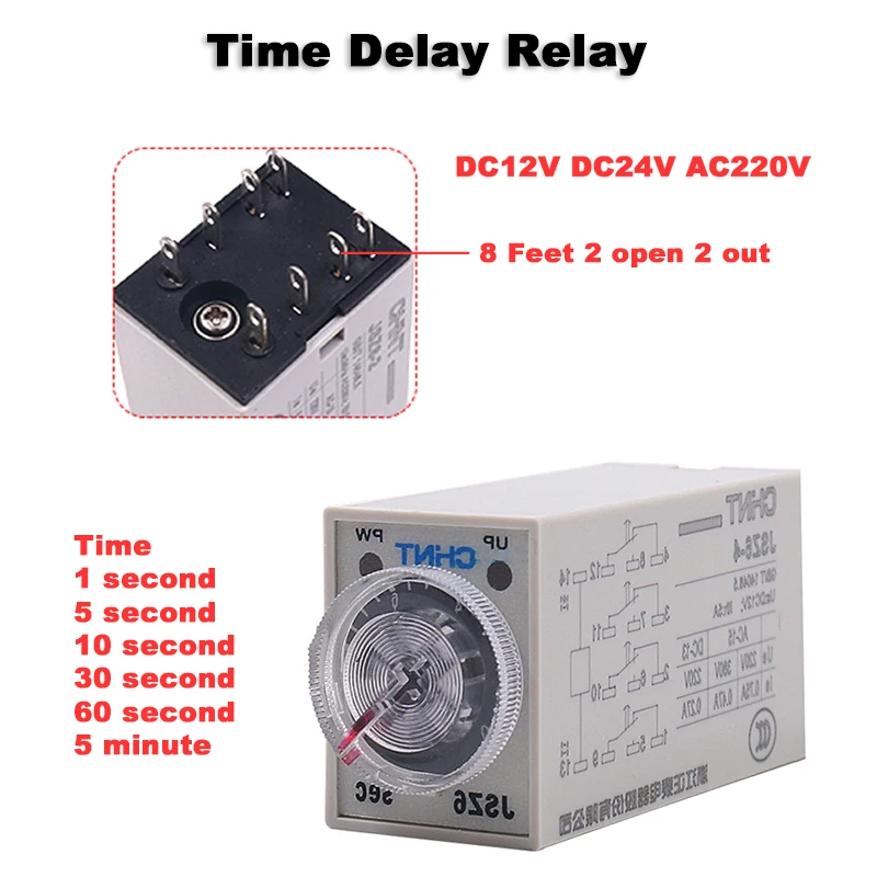 

1 Pcs Time Delay Relay DC12V DC24V AC220V Latency Timing 1s 5s 10s 30s 60s 5minute Mini Time Relay Without Base 8 Feet 2open2out