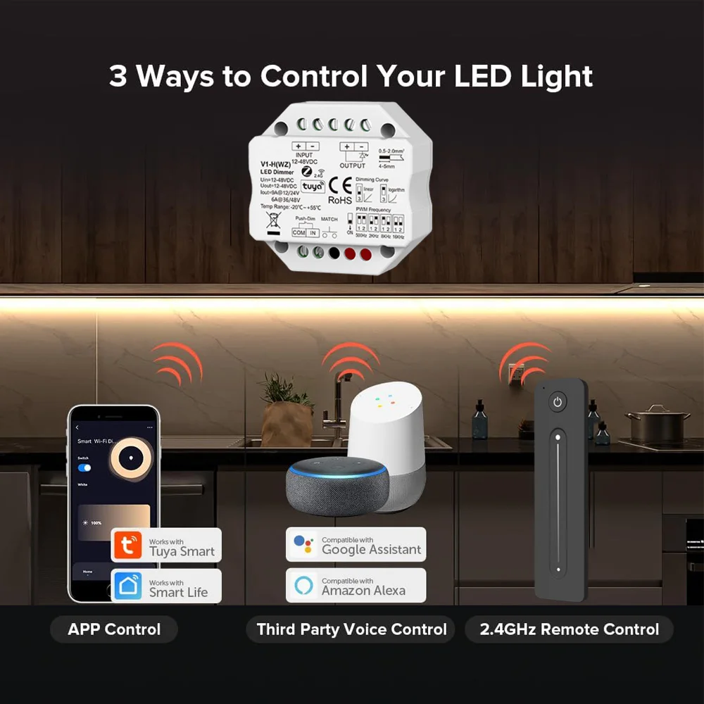 Tuya Smart ZigBee RF 2.4G LED Dimmer Controller 4096-Level Smooth Dimming Alexa/Google Voice Control DC 12V 24V 36V 48V Input