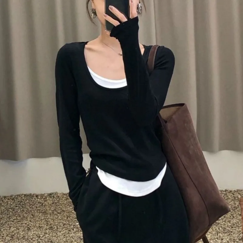 

Женская футболка контрастного цвета с длинными рукавами из двух частей, осень-зима, новая универсальная рубашка с тонким низом