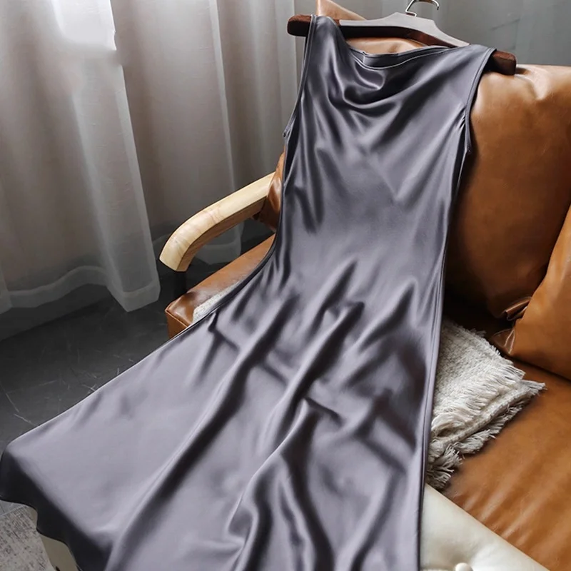 BirdTree OEKO-TEX 100%桑蚕シルクドレス、レディースサテンスイングカラーノースリーブドレス、2025夏エレガントドレスD5O110JF