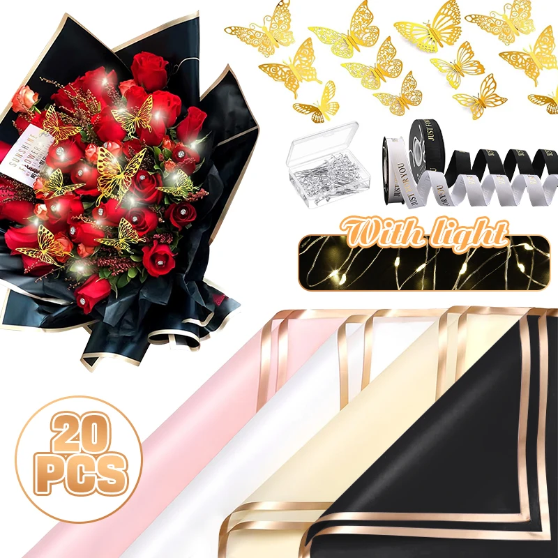 防水フラワーラッピングペーパーキット,LED, 3 dバタフライ,ダイヤモンドピン,フローラルリボン,DIYクラフト,クリスマスギフト,20個