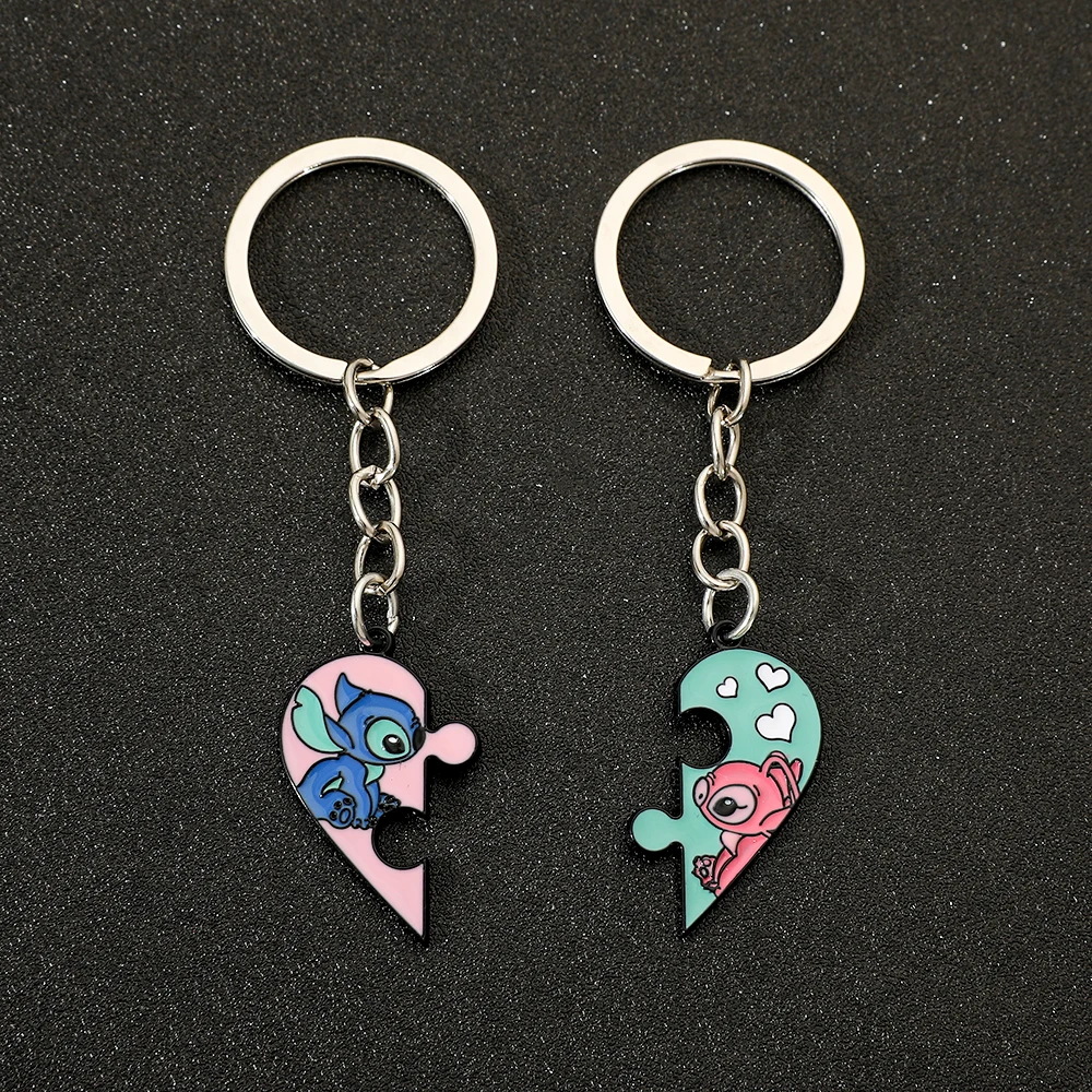 

Disney Lilo & Stitch Keychain Cute Cartoon Figure Stitch Angel Love Heart Puzzle Keyrings Best Friendship Key Holder Jewelry