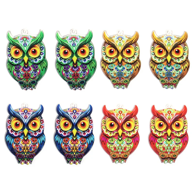 

2025 Neweset 50pcs/lot color pattern print cartoon animals owl shape acrylic beads diy jewelry garment pendant accessory