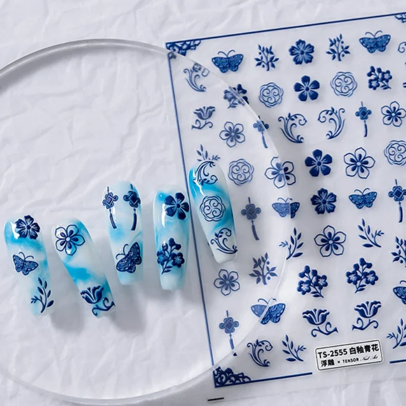 Adesivo auto-adesivo para Nail Art, 3D Manicure Decal, relevo em relevo, flor azul chinesa tradicional, borboleta, Dressy, acessórios, 5D