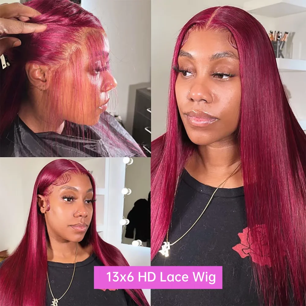 200 Density Burgundy 99J Straight Hair Front Wigs 13x4 13x6 HD Lace Frontal Human Hair Pre Plucked Red Colored Wigs for Women