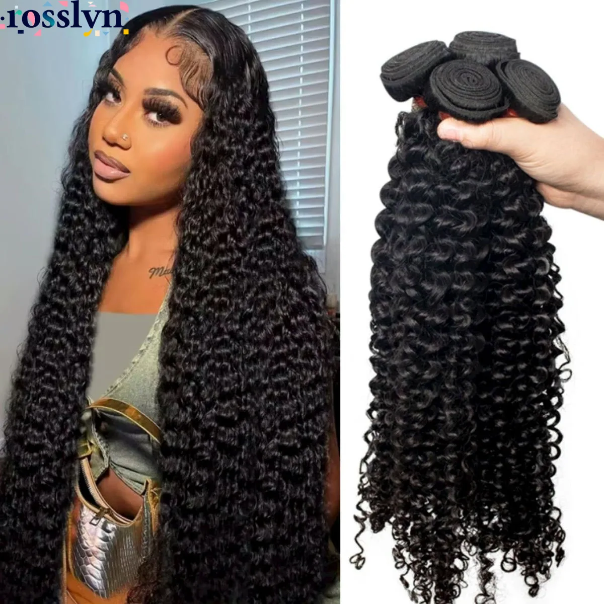 

Rosslyn Curly Hair Bundles 1B Black Water Wave Deep Wave Bundles Brazilian Hair Original 12-30 Inch Full Density For Women