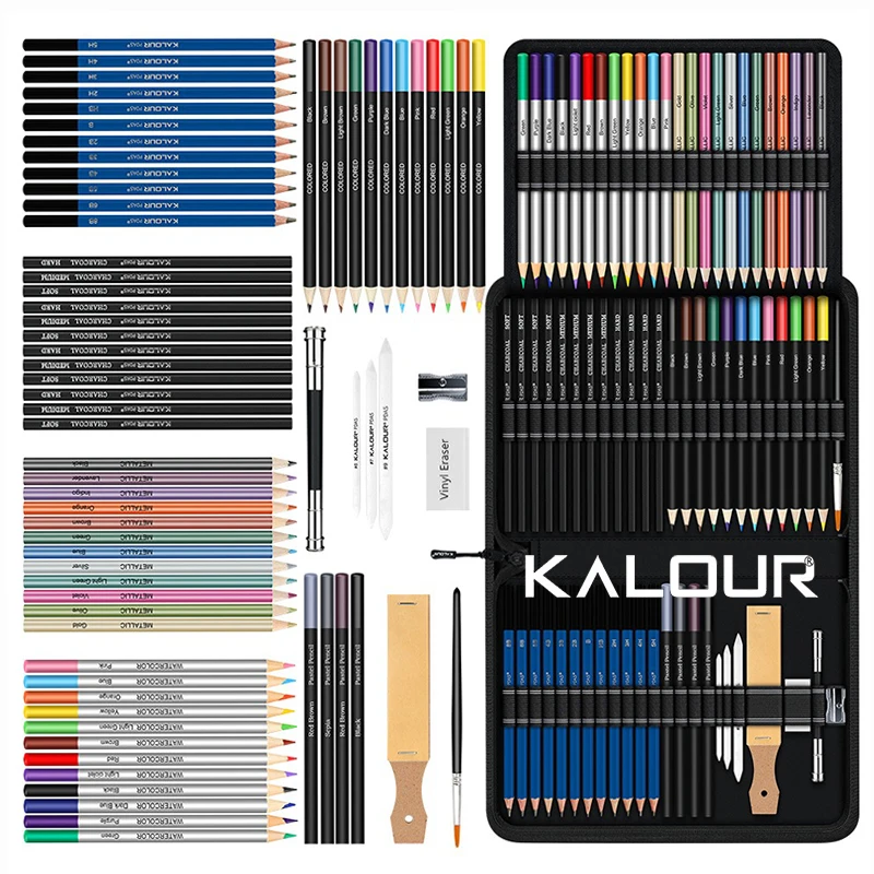 KALOUR Pro Sketching Pencil Set Iron Box or Nylon Bag, High Quality School Useful Drawing Kit for Adults Teens Artists Beginners