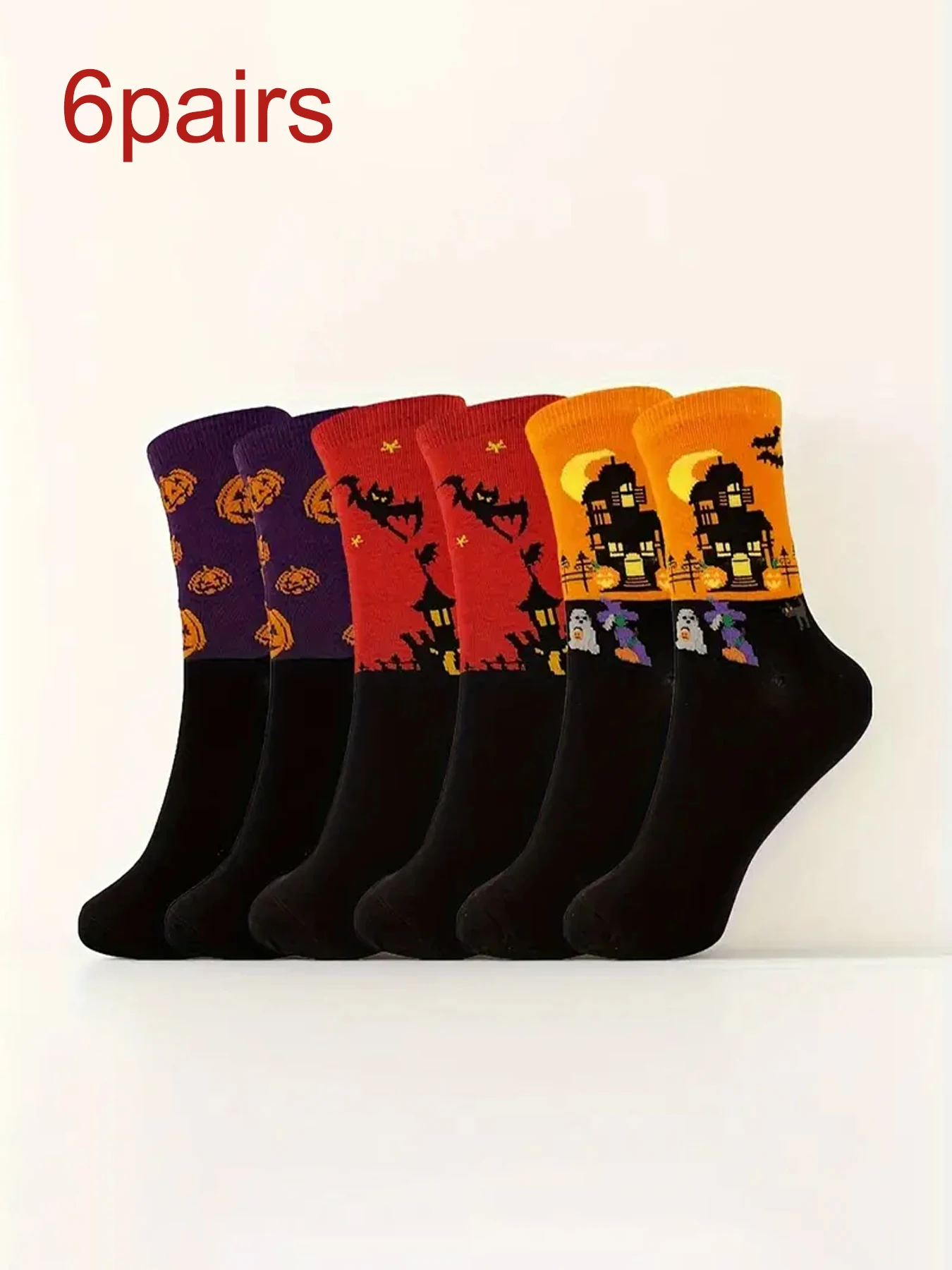 6pairs Halloween Style Men\'s Trendy Cartoon Bat Pumpkin Pattern Crew Socks, Breathable Comfy Casual Street Style Unisex Socks Fo